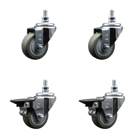 Service Caster 3 Inch Gray Polyurethane 12 Inch Threaded Stem Caster Set 2 Brakes SCC SCC-TS20S314-PPUB-121315-2-PLB-2